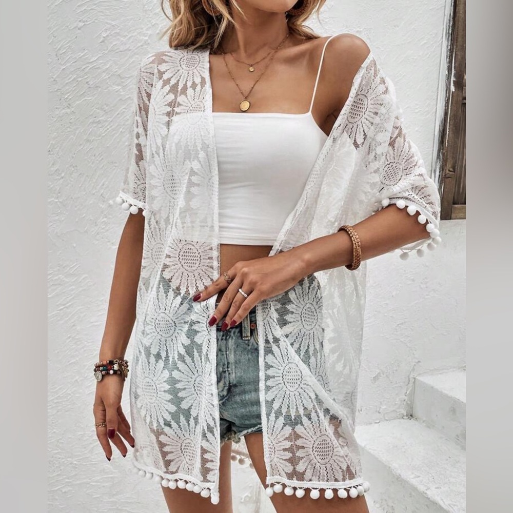 SHEIN Swim Vcay Floral Embroidery Pom Pom Trim Mesh Kimono